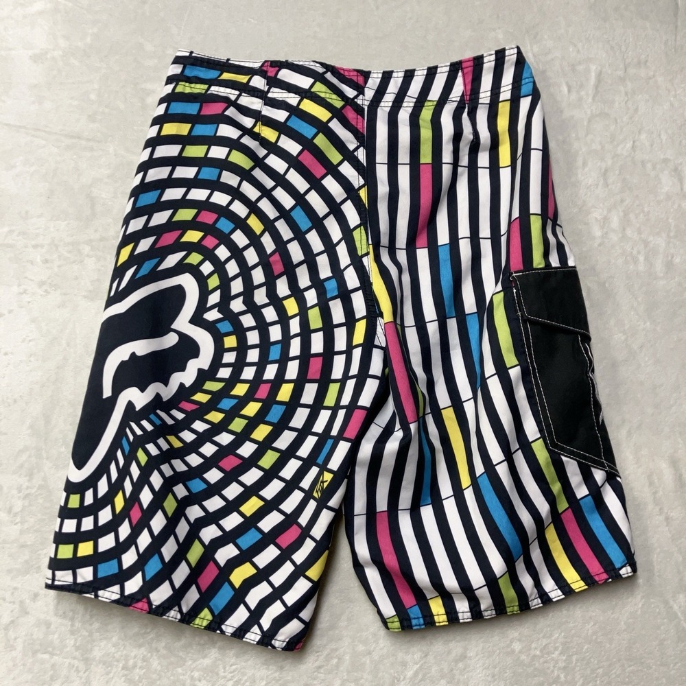 Y2K Fox Racing Board Shorts Mens 32 Fit 31 Colorful Geometric Abstract Big Logo - Picture 3 of 11